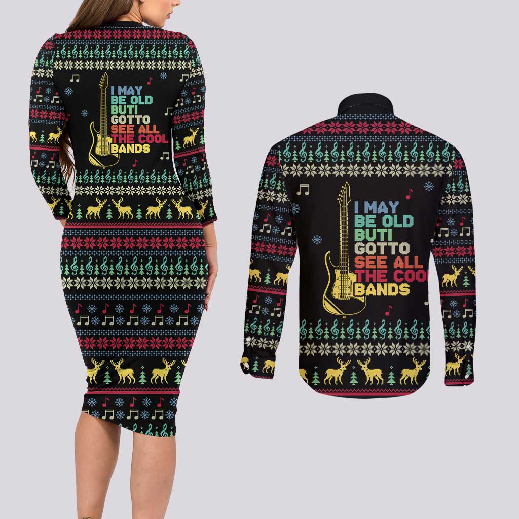 Christmas Vintage Guitar Couples Matching Long Sleeve Bodycon Dress and Long Sleeve Button Shirt Xmas Holiday Patterns - Wonder Print Shop