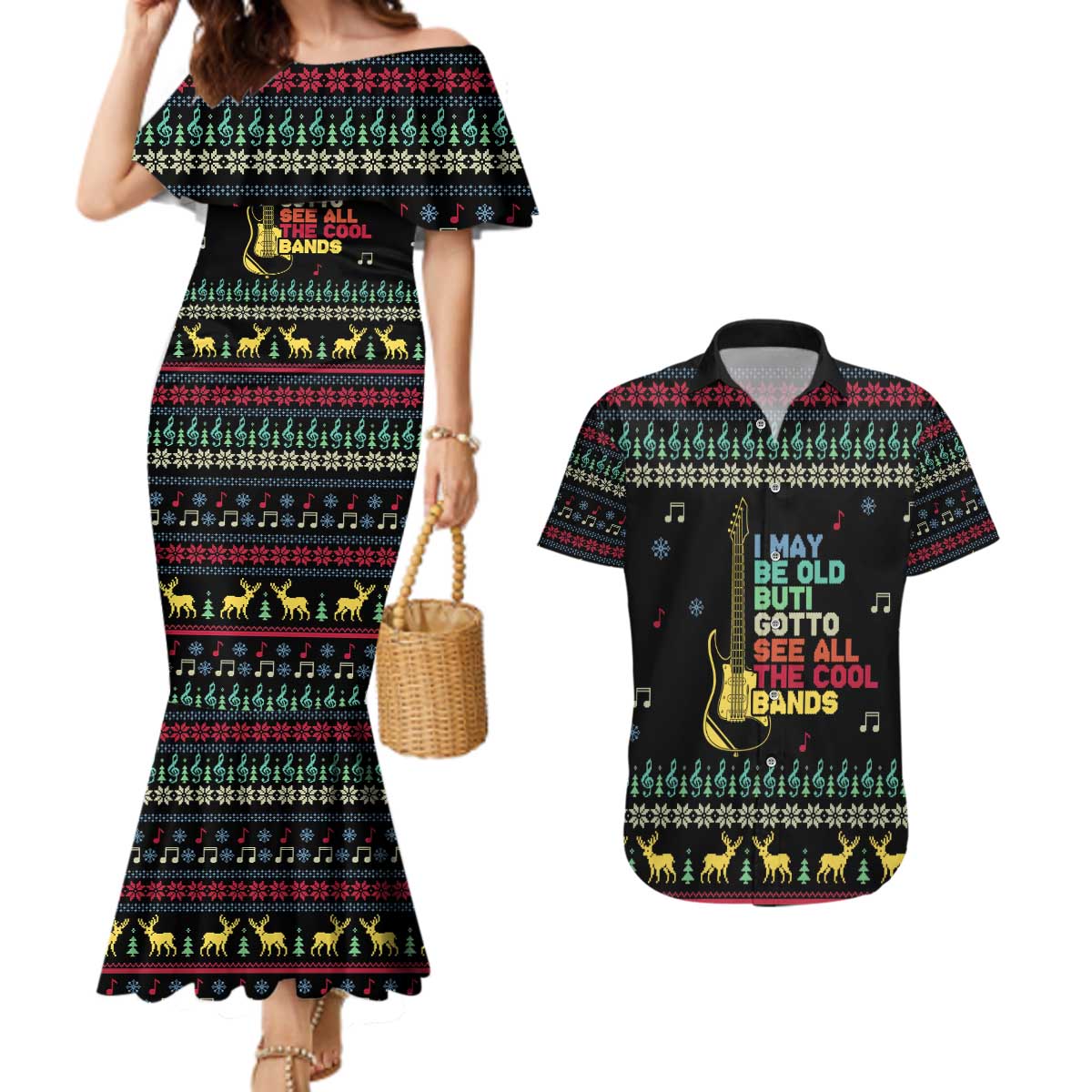 Christmas Vintage Guitar Couples Matching Mermaid Dress and Hawaiian Shirt Xmas Holiday Patterns - Wonder Print Shop