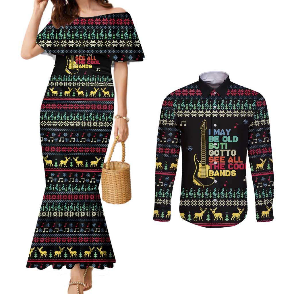 Christmas Vintage Guitar Couples Matching Mermaid Dress and Long Sleeve Button Shirt Xmas Holiday Patterns - Wonder Print Shop