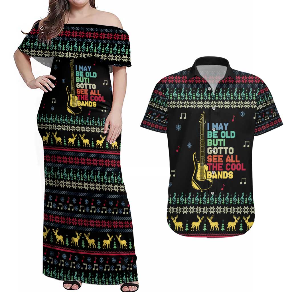 Christmas Vintage Guitar Couples Matching Off Shoulder Maxi Dress and Hawaiian Shirt Xmas Holiday Patterns - Wonder Print Shop