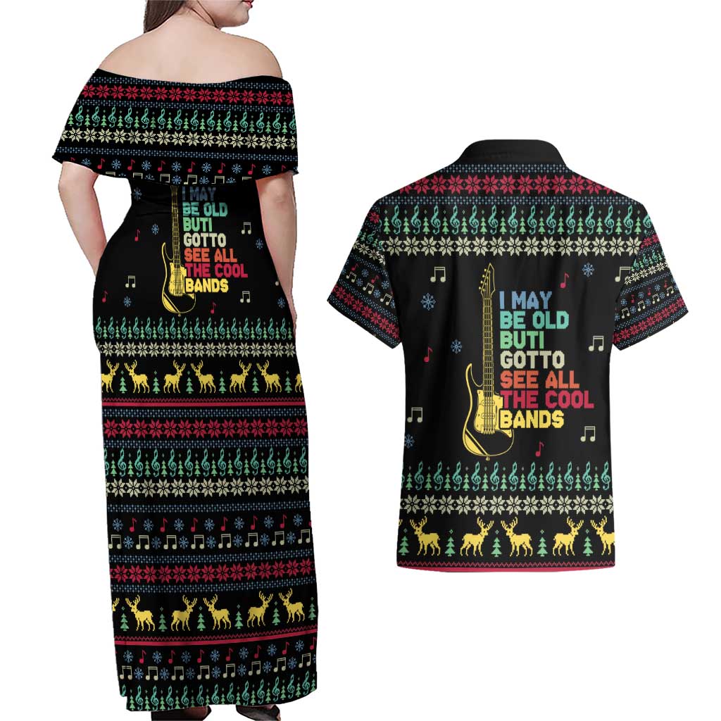 Christmas Vintage Guitar Couples Matching Off Shoulder Maxi Dress and Hawaiian Shirt Xmas Holiday Patterns - Wonder Print Shop