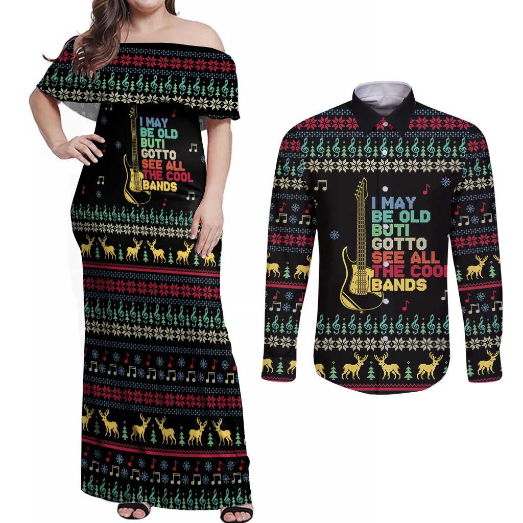Christmas Vintage Guitar Couples Matching Off Shoulder Maxi Dress and Long Sleeve Button Shirt Xmas Holiday Patterns - Wonder Print Shop
