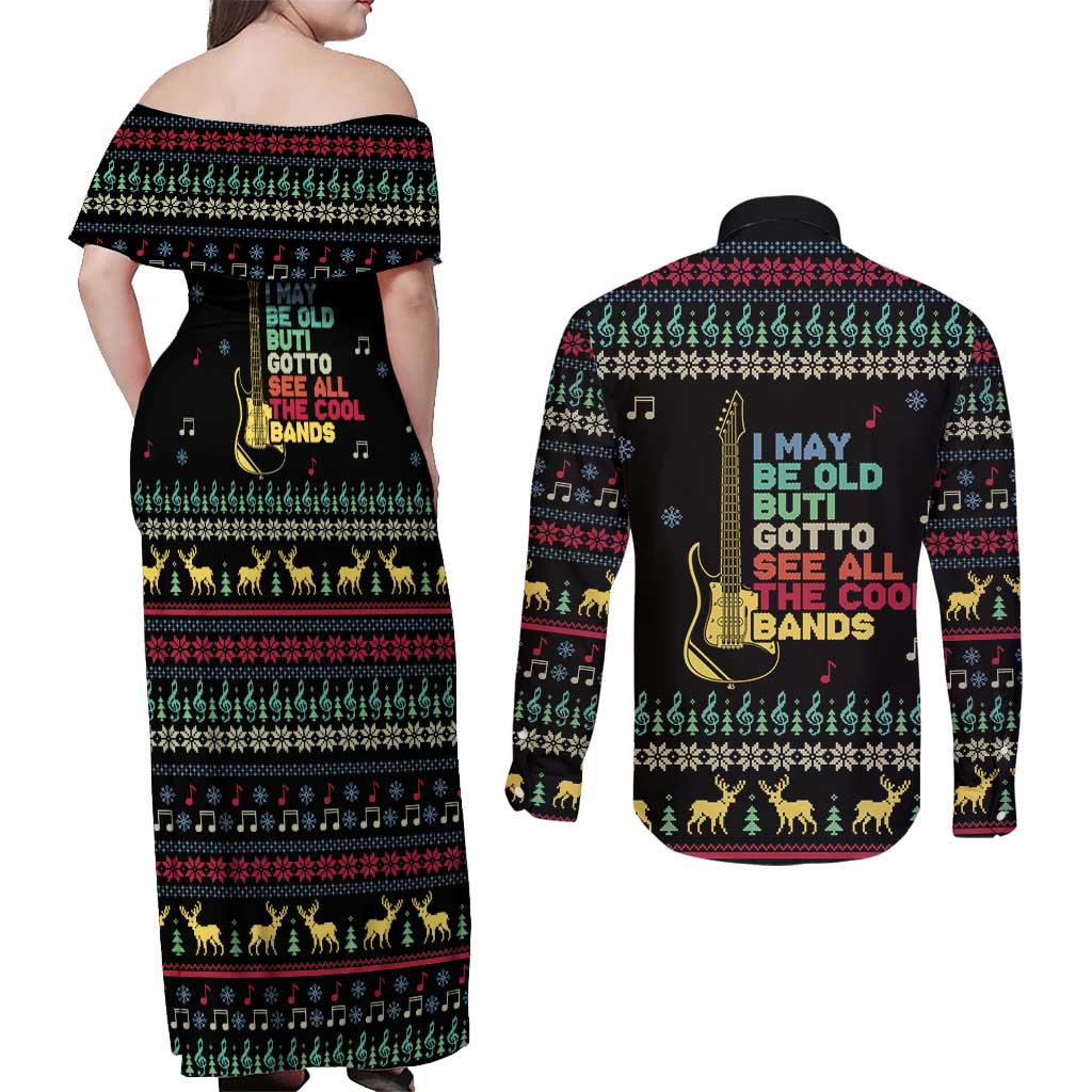 Christmas Vintage Guitar Couples Matching Off Shoulder Maxi Dress and Long Sleeve Button Shirt Xmas Holiday Patterns - Wonder Print Shop