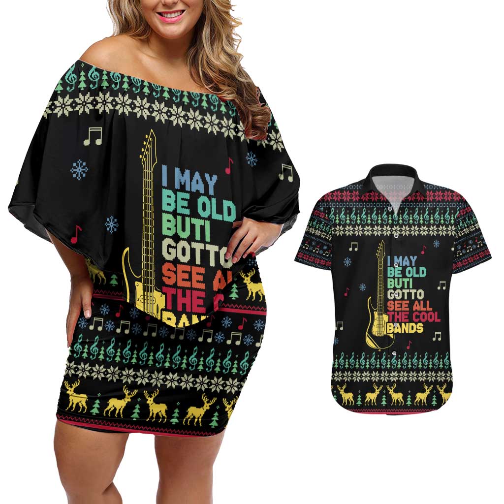 Christmas Vintage Guitar Couples Matching Off Shoulder Short Dress and Hawaiian Shirt Xmas Holiday Patterns - Wonder Print Shop