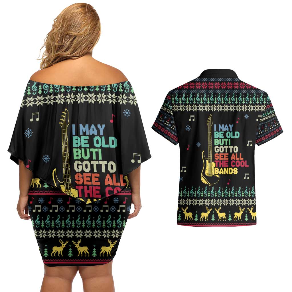 Christmas Vintage Guitar Couples Matching Off Shoulder Short Dress and Hawaiian Shirt Xmas Holiday Patterns - Wonder Print Shop