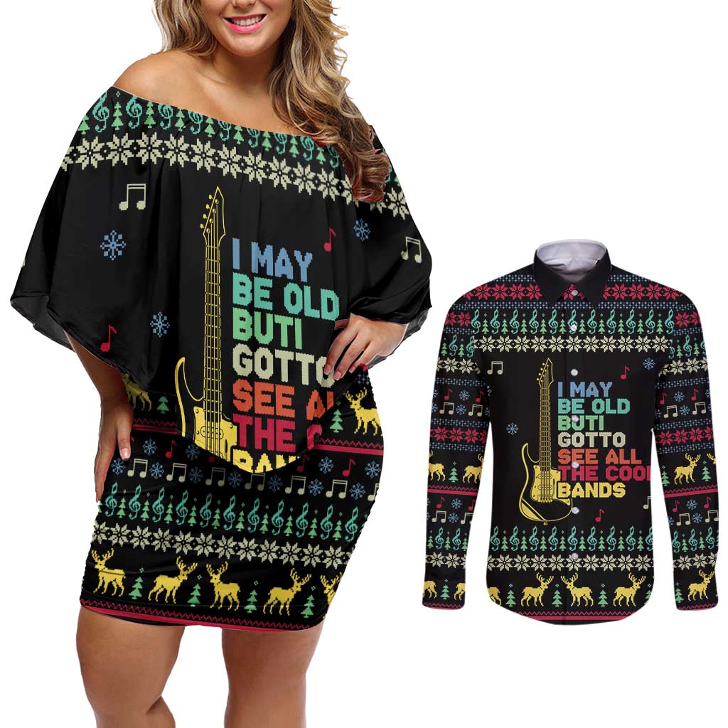 Christmas Vintage Guitar Couples Matching Off Shoulder Short Dress and Long Sleeve Button Shirt Xmas Holiday Patterns - Wonder Print Shop