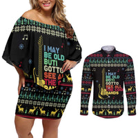 Christmas Vintage Guitar Couples Matching Off Shoulder Short Dress and Long Sleeve Button Shirt Xmas Holiday Patterns - Wonder Print Shop