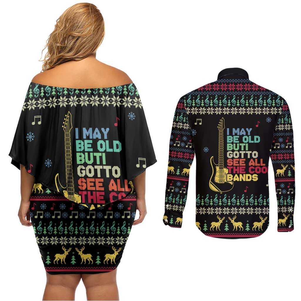Christmas Vintage Guitar Couples Matching Off Shoulder Short Dress and Long Sleeve Button Shirt Xmas Holiday Patterns - Wonder Print Shop