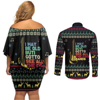 Christmas Vintage Guitar Couples Matching Off Shoulder Short Dress and Long Sleeve Button Shirt Xmas Holiday Patterns - Wonder Print Shop