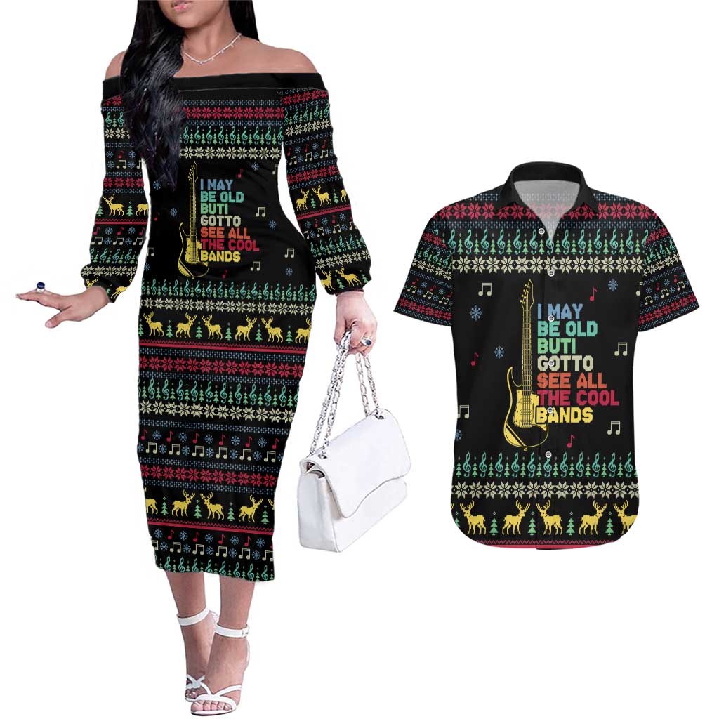 Christmas Vintage Guitar Couples Matching Off The Shoulder Long Sleeve Dress and Hawaiian Shirt Xmas Holiday Patterns - Wonder Print Shop
