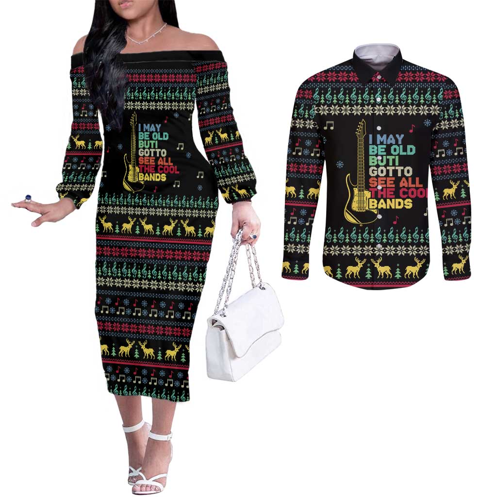 Christmas Vintage Guitar Couples Matching Off The Shoulder Long Sleeve Dress and Long Sleeve Button Shirt Xmas Holiday Patterns - Wonder Print Shop