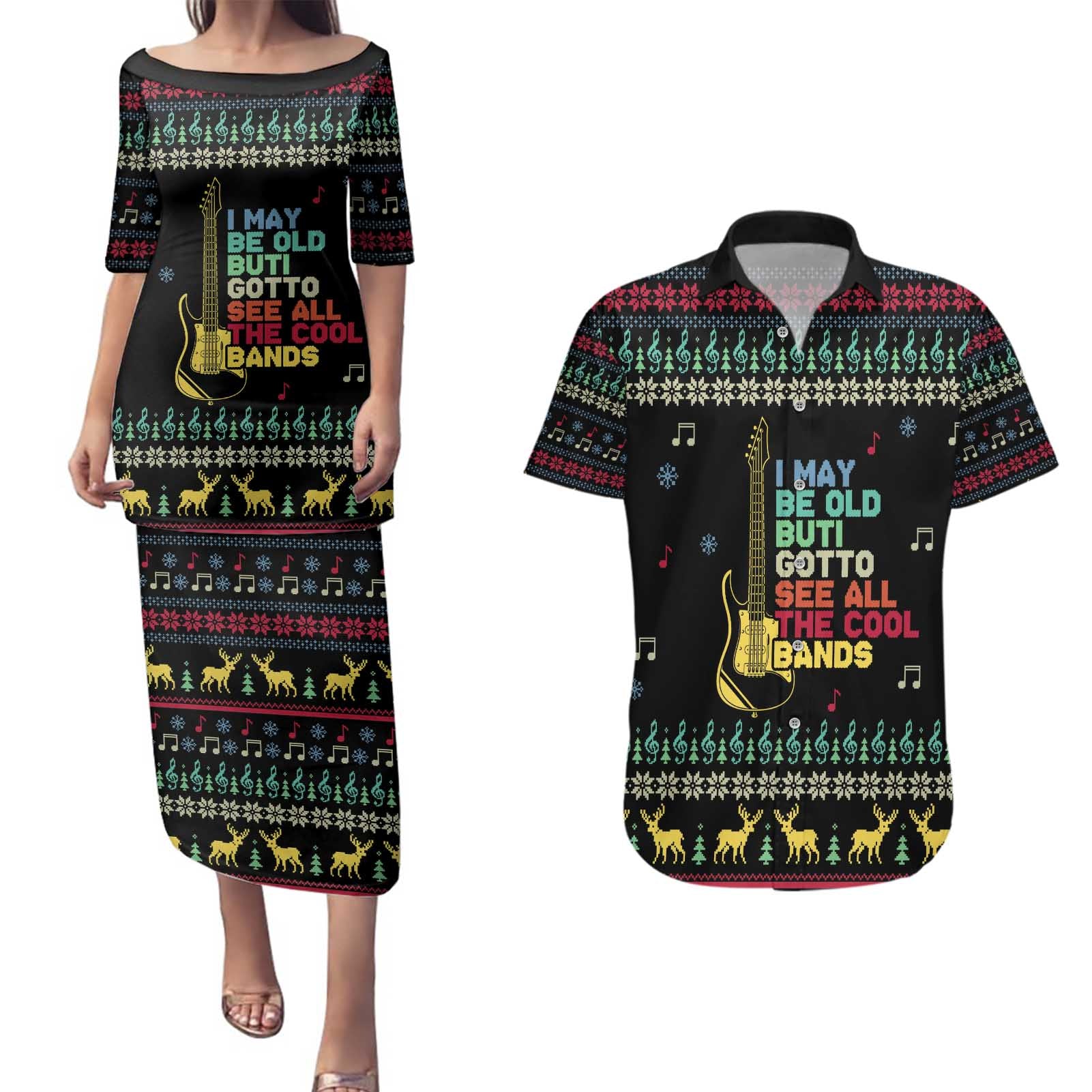 Christmas Vintage Guitar Couples Matching Puletasi and Hawaiian Shirt Xmas Holiday Patterns - Wonder Print Shop