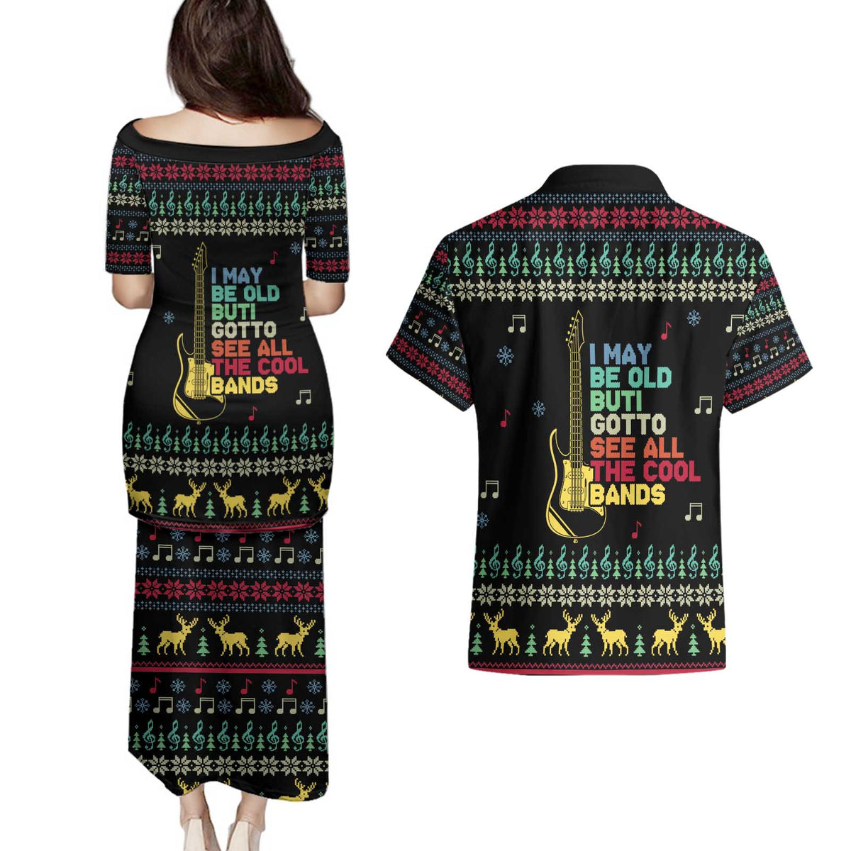 Christmas Vintage Guitar Couples Matching Puletasi and Hawaiian Shirt Xmas Holiday Patterns - Wonder Print Shop
