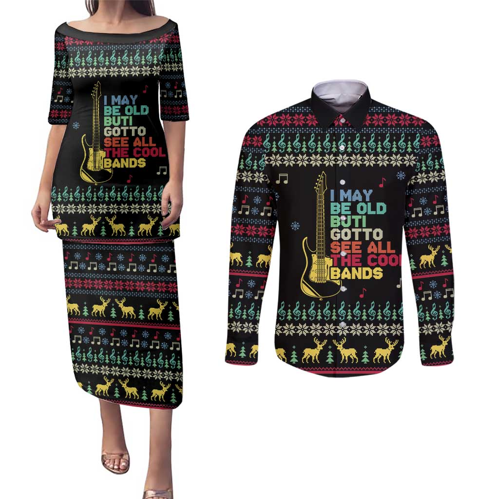 Christmas Vintage Guitar Couples Matching Puletasi and Long Sleeve Button Shirt Xmas Holiday Patterns - Wonder Print Shop