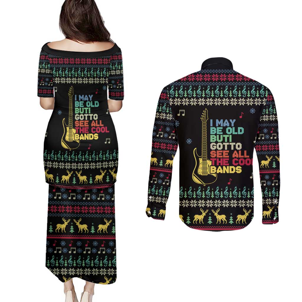 Christmas Vintage Guitar Couples Matching Puletasi and Long Sleeve Button Shirt Xmas Holiday Patterns - Wonder Print Shop