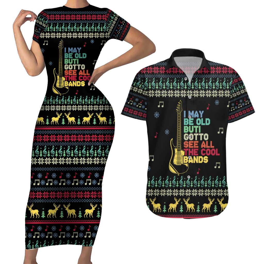 Christmas Vintage Guitar Couples Matching Short Sleeve Bodycon Dress and Hawaiian Shirt Xmas Holiday Patterns - Wonder Print Shop