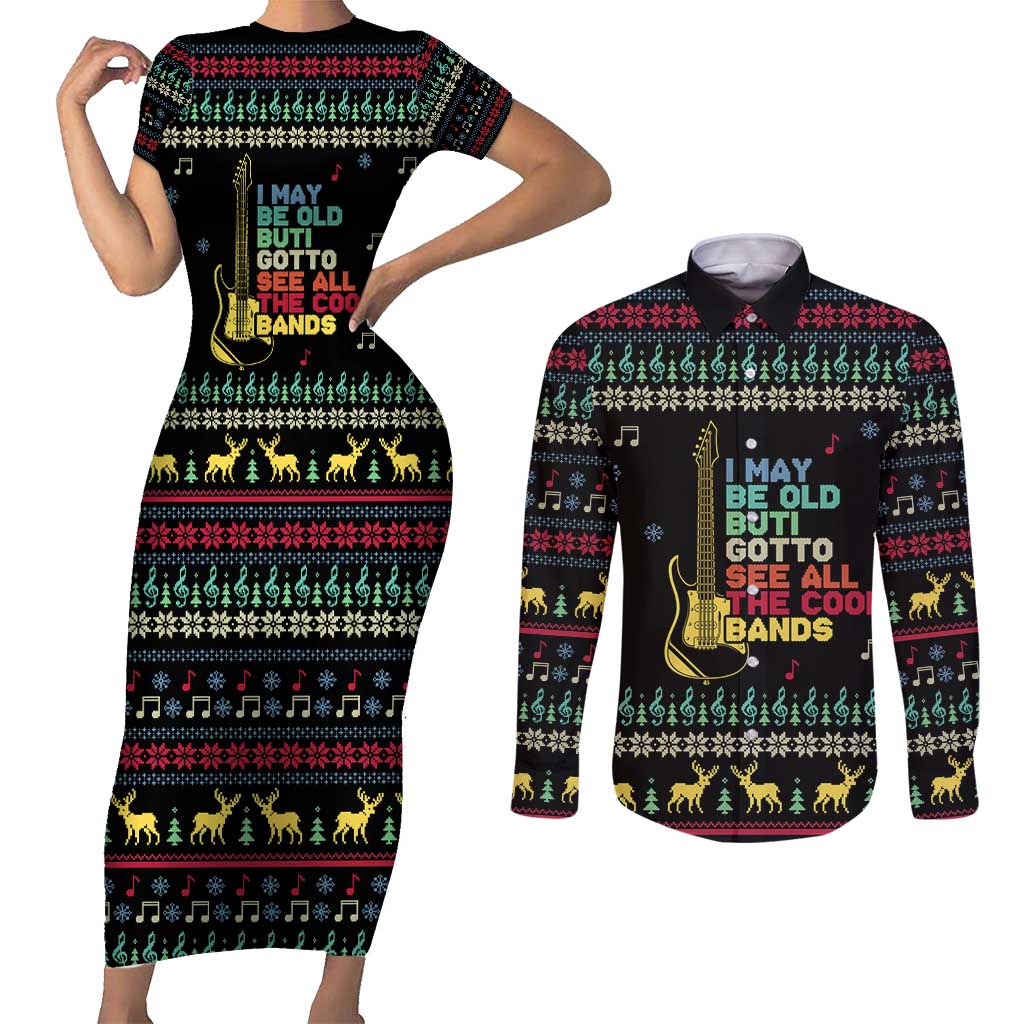 Christmas Vintage Guitar Couples Matching Short Sleeve Bodycon Dress and Long Sleeve Button Shirt Xmas Holiday Patterns - Wonder Print Shop