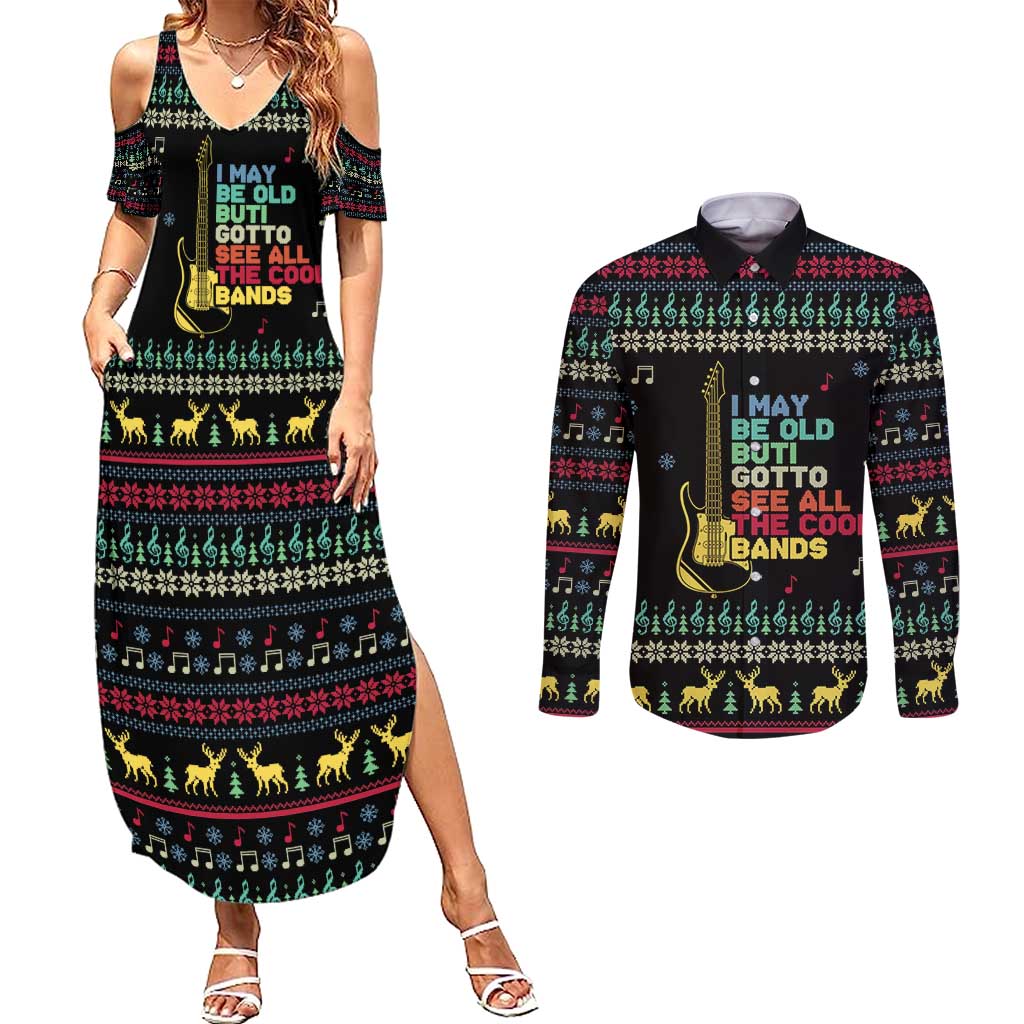 Christmas Vintage Guitar Couples Matching Summer Maxi Dress and Long Sleeve Button Shirt Xmas Holiday Patterns - Wonder Print Shop