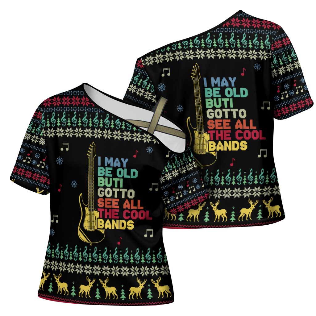 Christmas Vintage Guitar Cross Shoulder Shirt Xmas Holiday Patterns - Wonder Print Shop