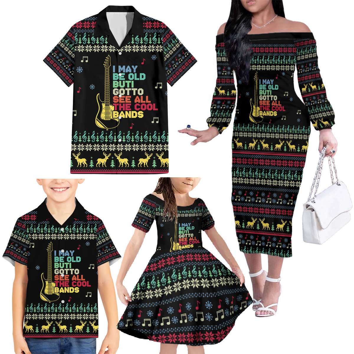 Christmas Vintage Guitar Family Matching Off The Shoulder Long Sleeve Dress and Hawaiian Shirt Xmas Holiday Patterns - Wonder Print Shop
