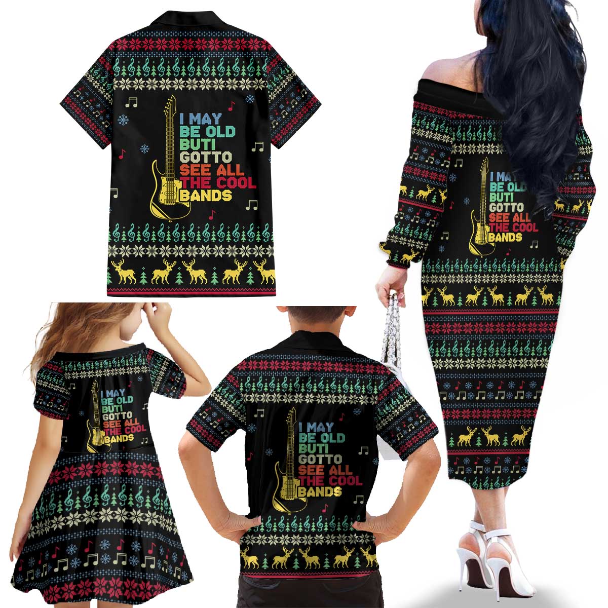 Christmas Vintage Guitar Family Matching Off The Shoulder Long Sleeve Dress and Hawaiian Shirt Xmas Holiday Patterns - Wonder Print Shop