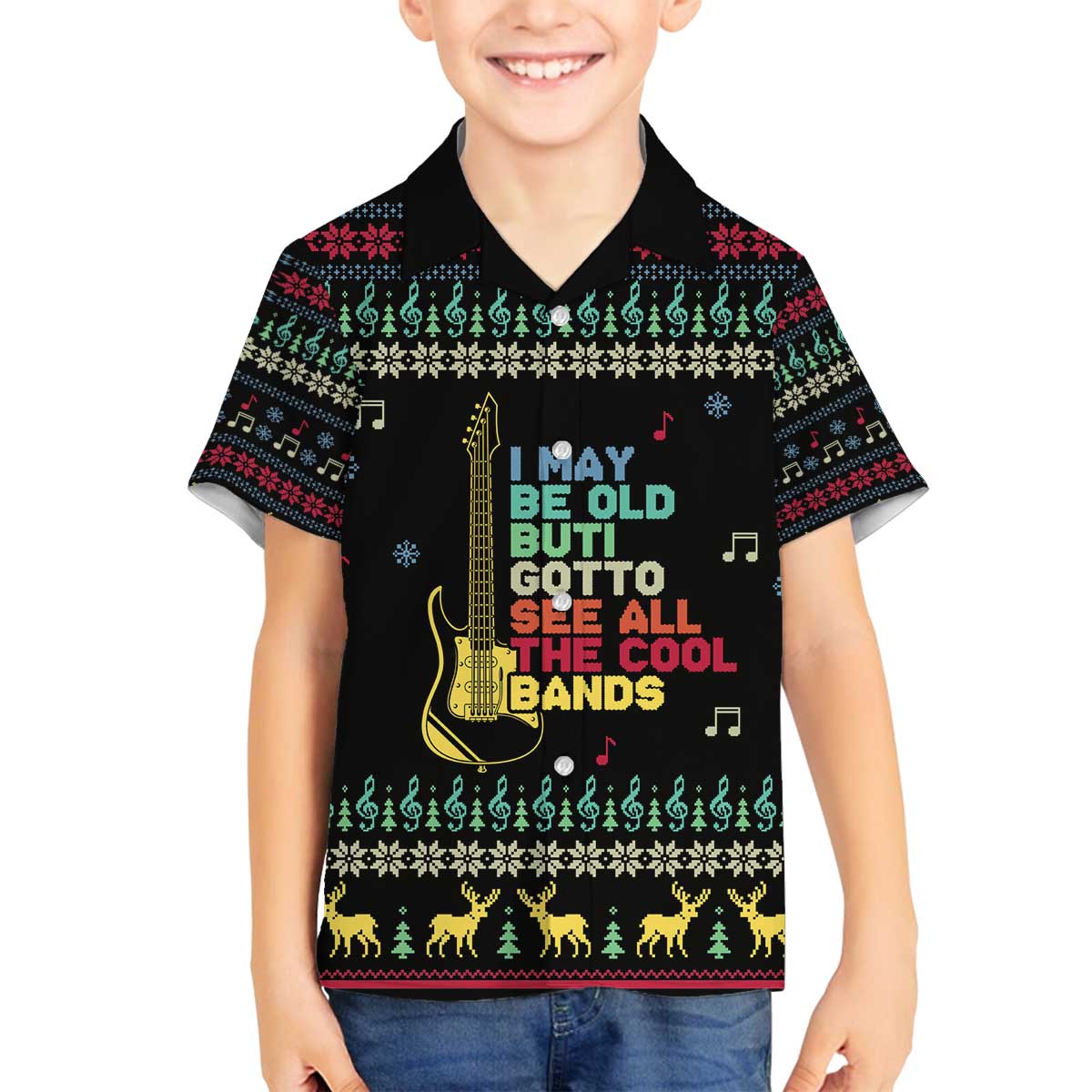Christmas Vintage Guitar Family Matching Off The Shoulder Long Sleeve Dress and Hawaiian Shirt Xmas Holiday Patterns - Wonder Print Shop