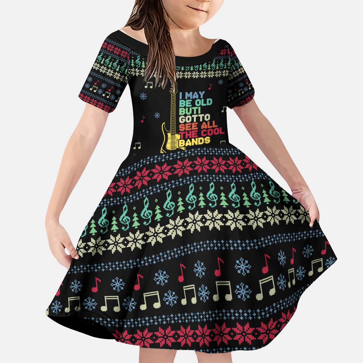 Christmas Vintage Guitar Kid Short Sleeve Dress Xmas Holiday Patterns - Wonder Print Shop