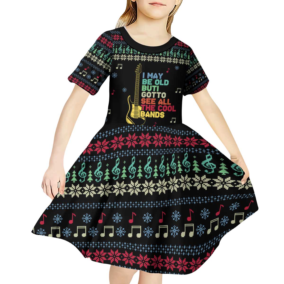 Christmas Vintage Guitar Kid Short Sleeve Dress Xmas Holiday Patterns - Wonder Print Shop