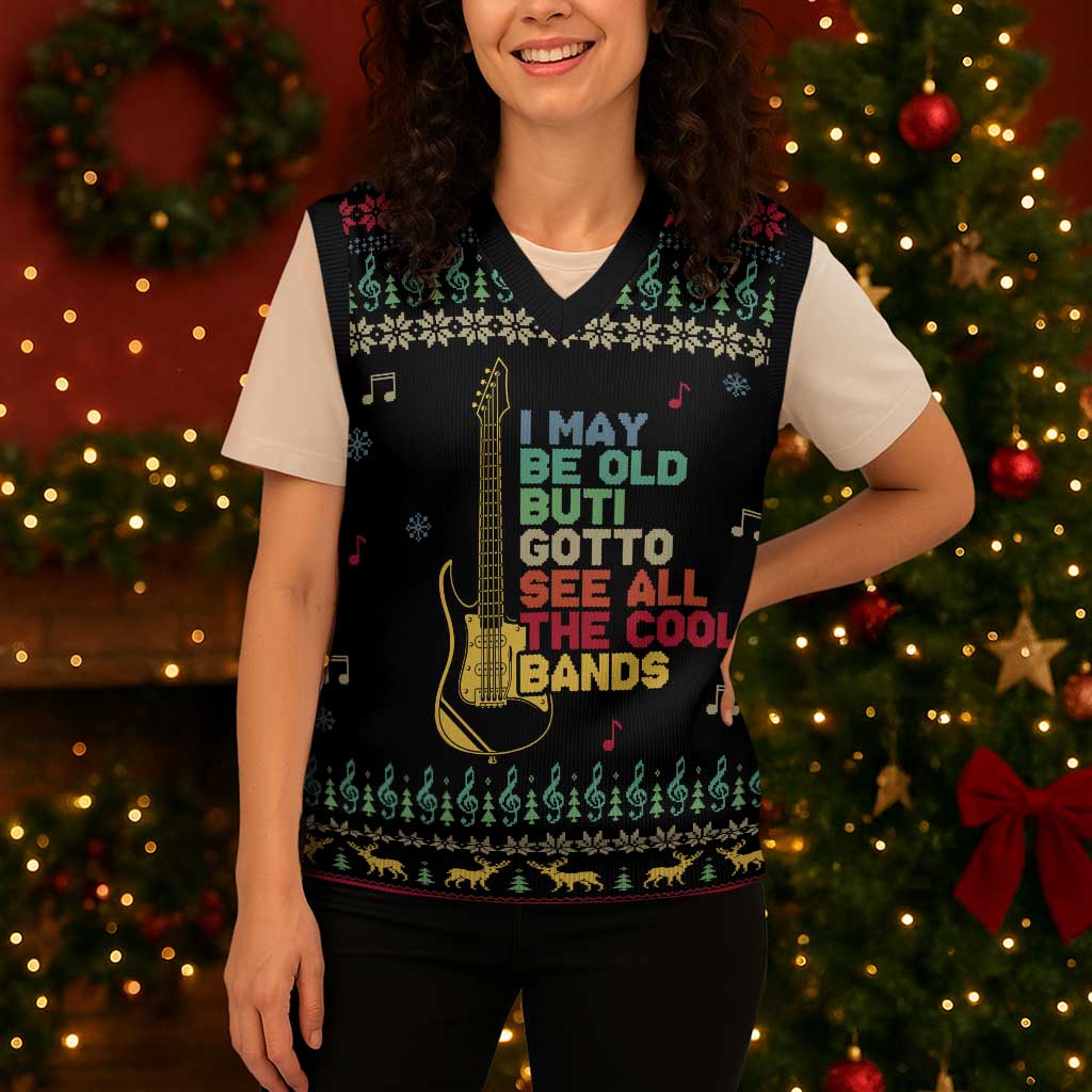 Christmas Vintage Guitar Christmas Knitted V-Neck Vest Xmas Holiday Patterns - Wonder Print Shop