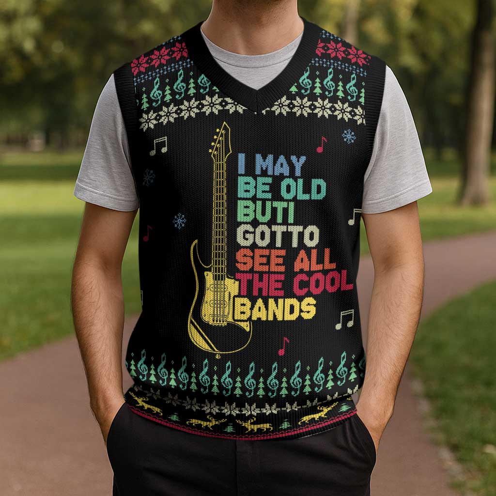 Christmas Vintage Guitar Christmas Knitted V-Neck Vest Xmas Holiday Patterns - Wonder Print Shop