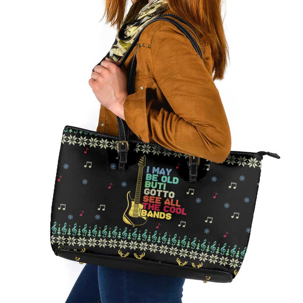 Christmas Vintage Guitar Leather Tote Bag Xmas Holiday Patterns - Wonder Print Shop