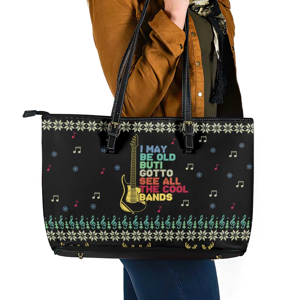Christmas Vintage Guitar Leather Tote Bag Xmas Holiday Patterns - Wonder Print Shop
