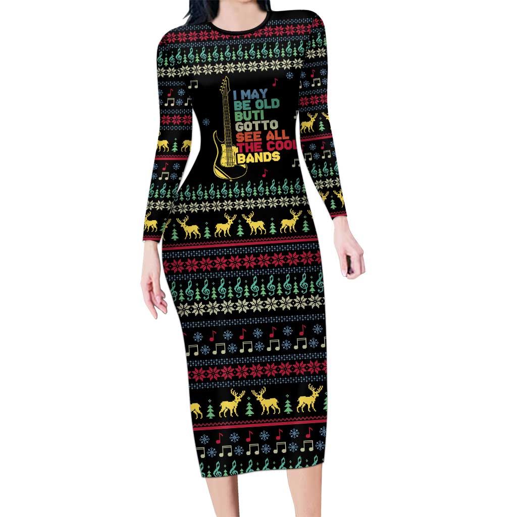 Christmas Vintage Guitar Long Sleeve Bodycon Dress Xmas Holiday Patterns - Wonder Print Shop