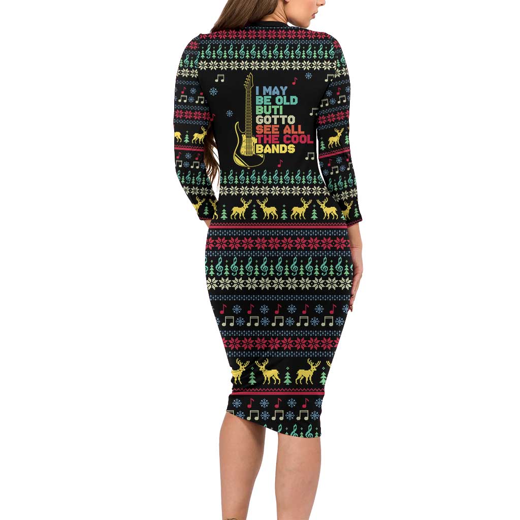 Christmas Vintage Guitar Long Sleeve Bodycon Dress Xmas Holiday Patterns - Wonder Print Shop