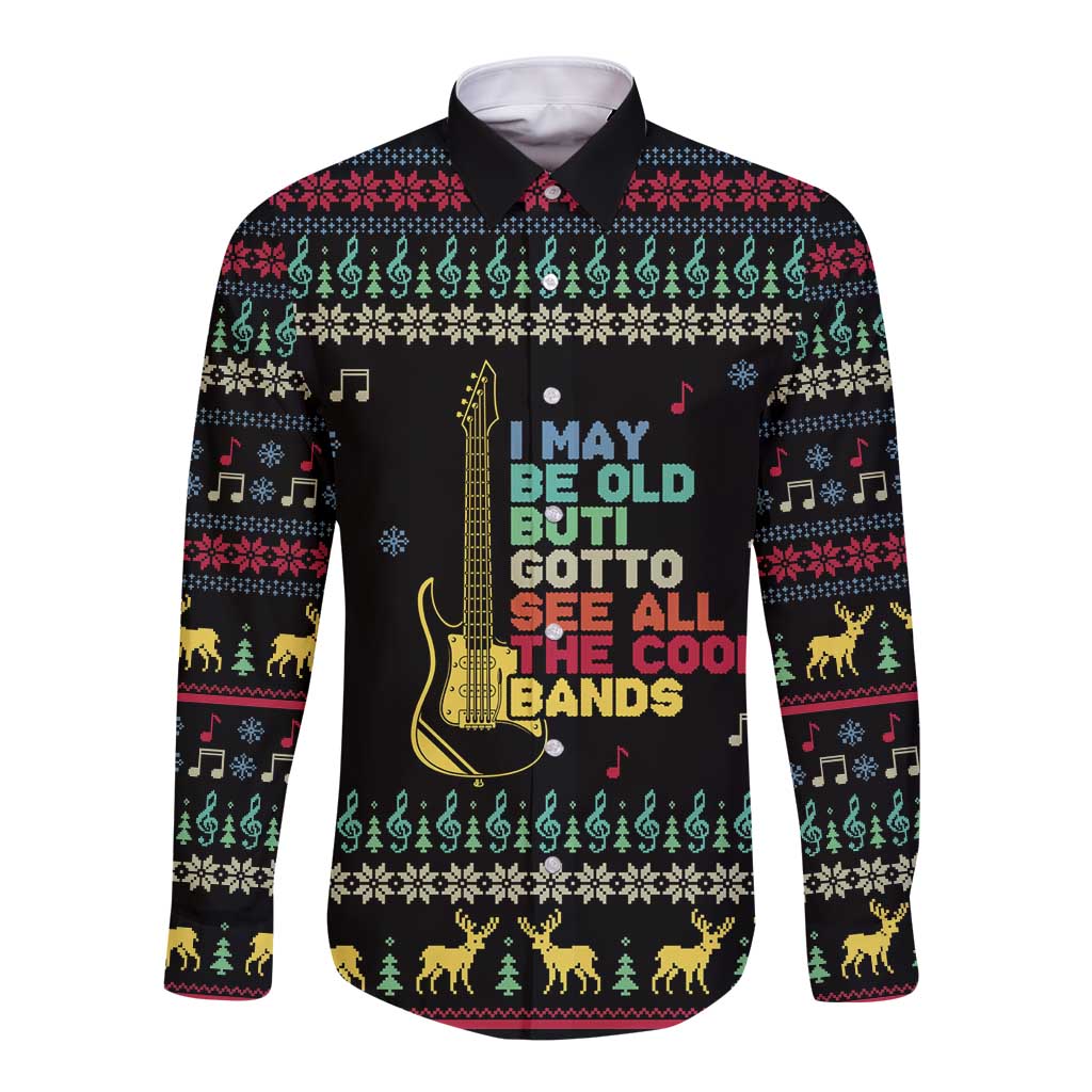 Christmas Vintage Guitar Long Sleeve Button Shirt Xmas Holiday Patterns - Wonder Print Shop