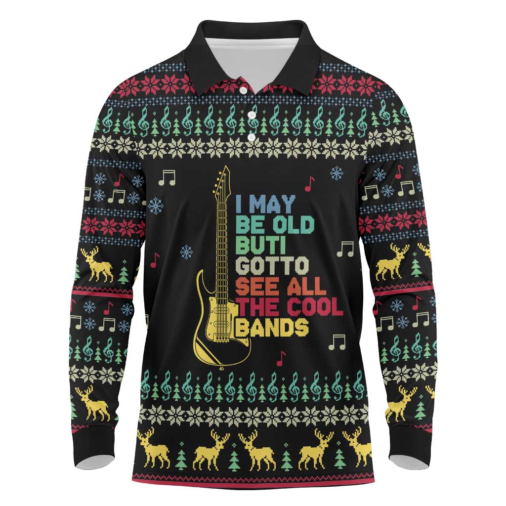 Christmas Vintage Guitar Long Sleeve Polo Shirt Xmas Holiday Patterns - Wonder Print Shop