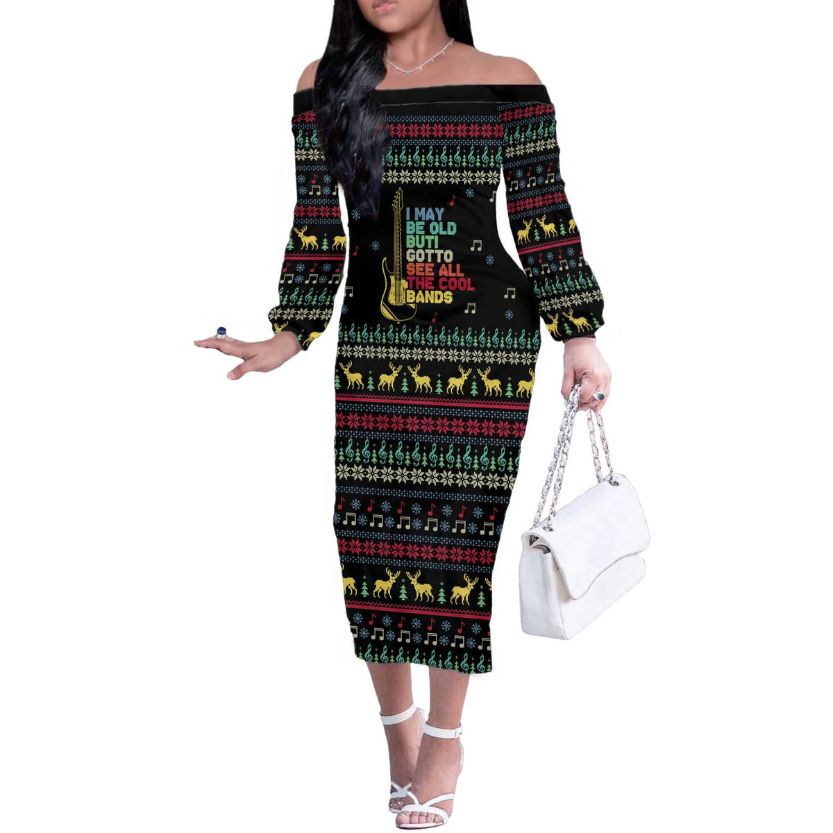 Christmas Vintage Guitar Off The Shoulder Long Sleeve Dress Xmas Holiday Patterns - Wonder Print Shop