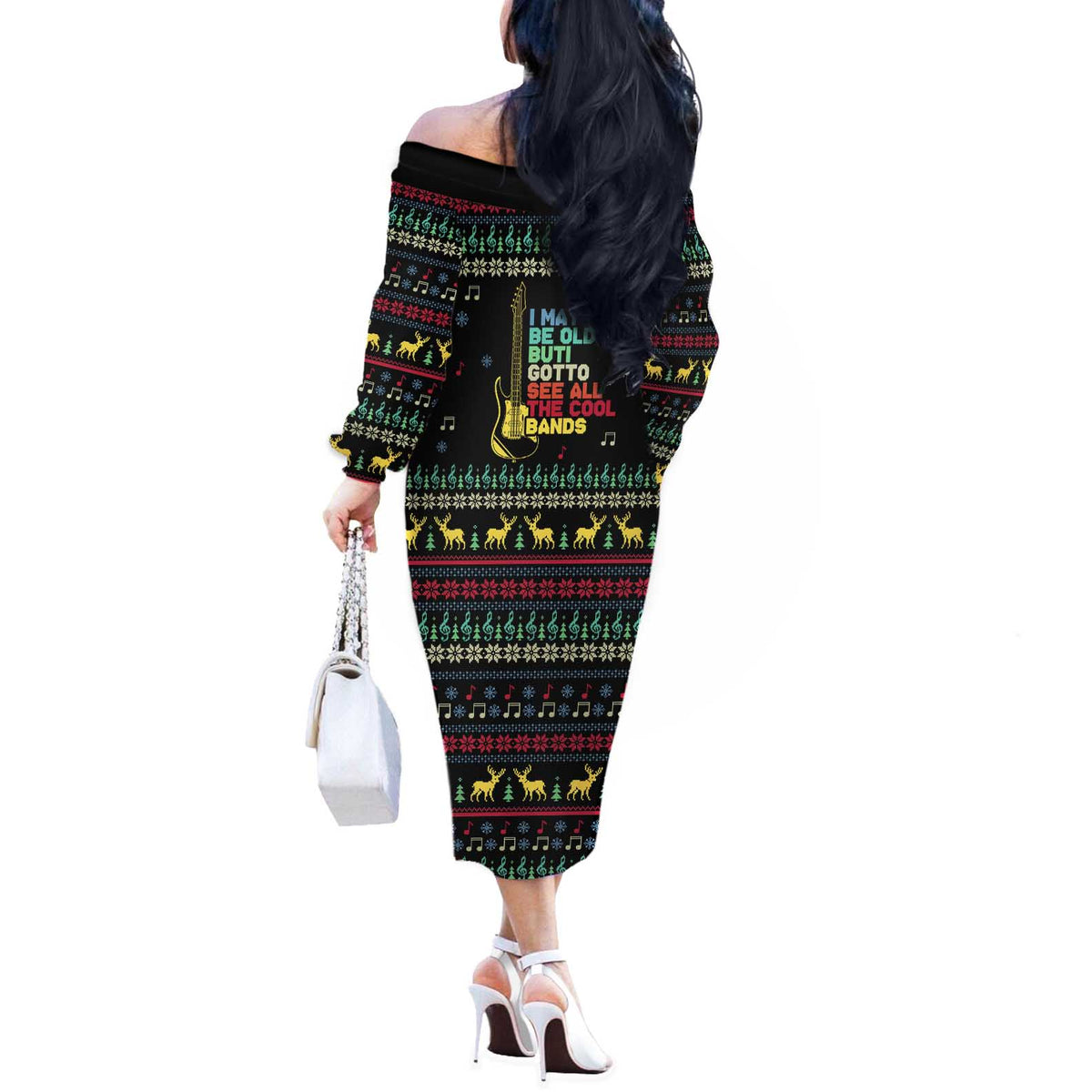 Christmas Vintage Guitar Off The Shoulder Long Sleeve Dress Xmas Holiday Patterns - Wonder Print Shop