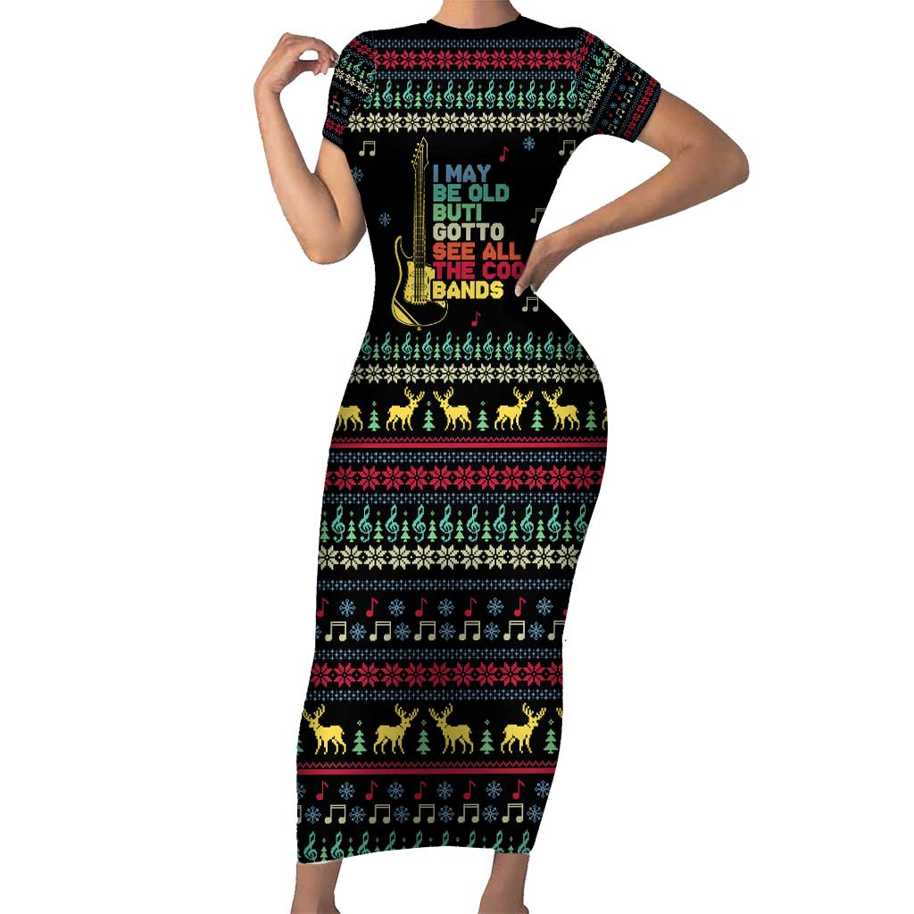 Christmas Vintage Guitar Short Sleeve Bodycon Dress Xmas Holiday Patterns - Wonder Print Shop