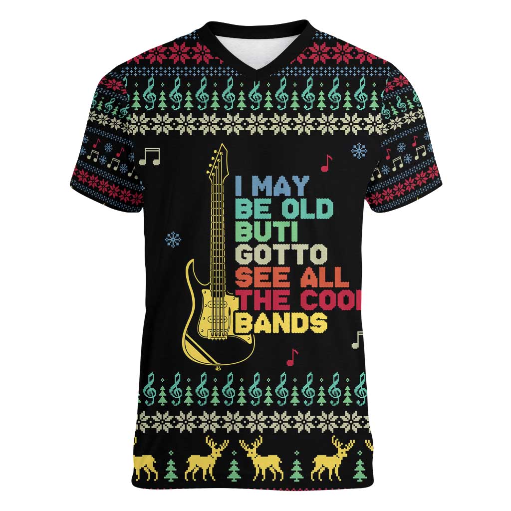Christmas Vintage Guitar Women V-Neck T-Shirt Xmas Holiday Patterns - Wonder Print Shop
