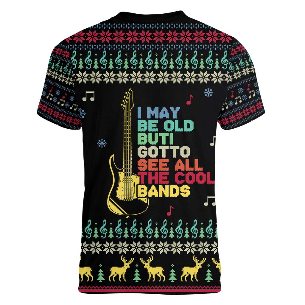 Christmas Vintage Guitar Women V-Neck T-Shirt Xmas Holiday Patterns - Wonder Print Shop