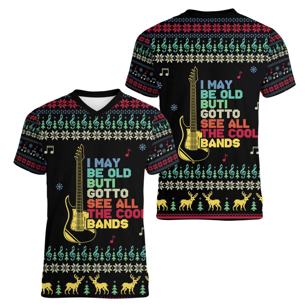 Christmas Vintage Guitar Women V-Neck T-Shirt Xmas Holiday Patterns - Wonder Print Shop