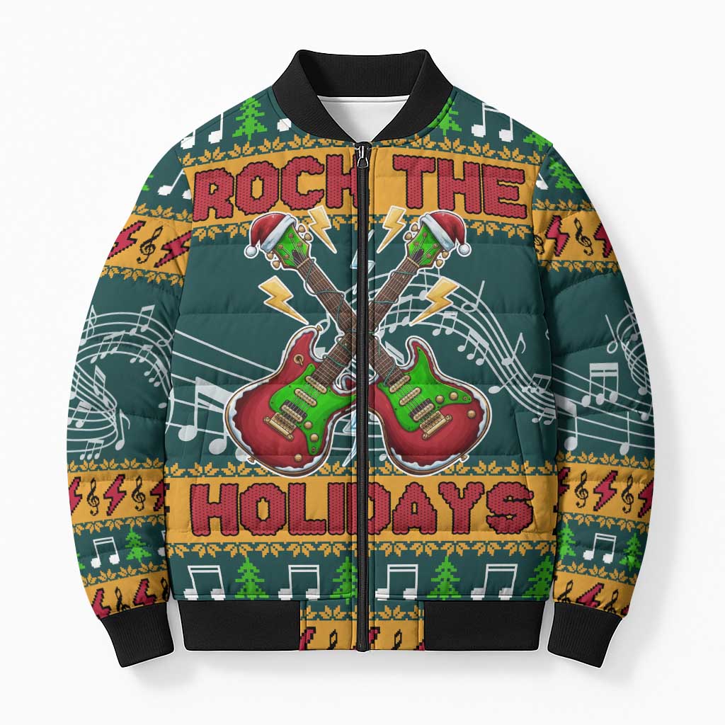 Rock The Holidays Guitar Christmas Bomber Puffer Jacket Xmas Holiday Patterns - Wonder Print Shop