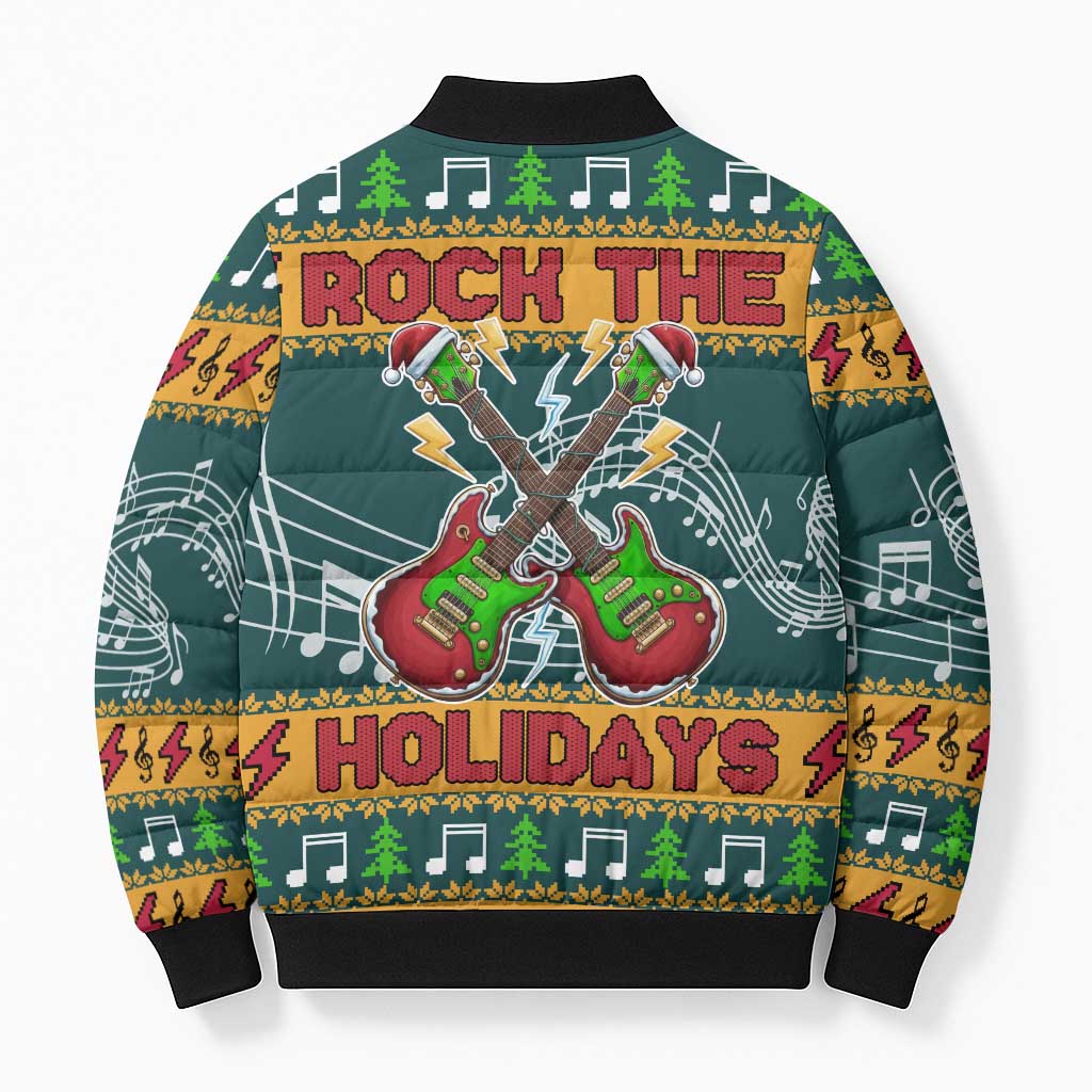 Rock The Holidays Guitar Christmas Bomber Puffer Jacket Xmas Holiday Patterns - Wonder Print Shop