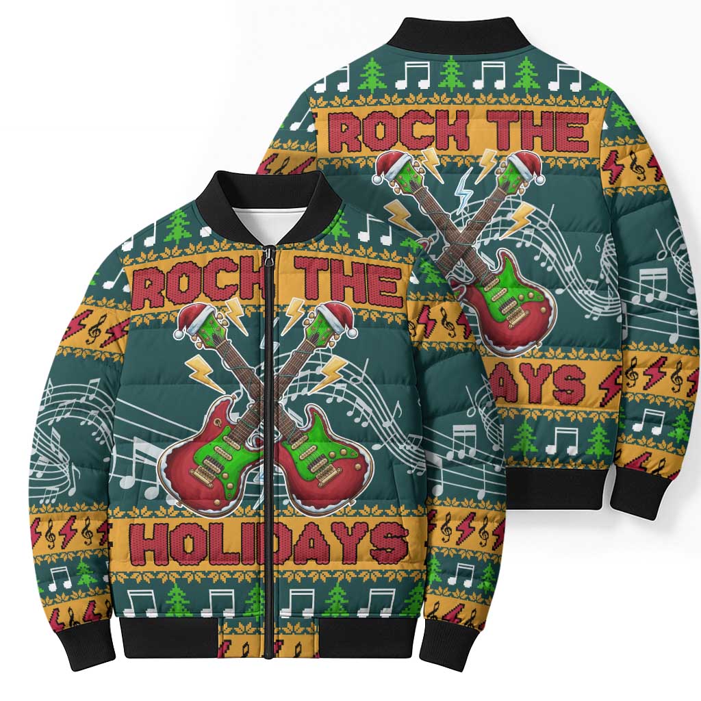 Rock The Holidays Guitar Christmas Bomber Puffer Jacket Xmas Holiday Patterns - Wonder Print Shop