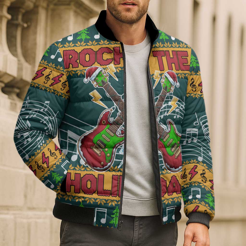 Rock The Holidays Guitar Christmas Bomber Puffer Jacket Xmas Holiday Patterns - Wonder Print Shop
