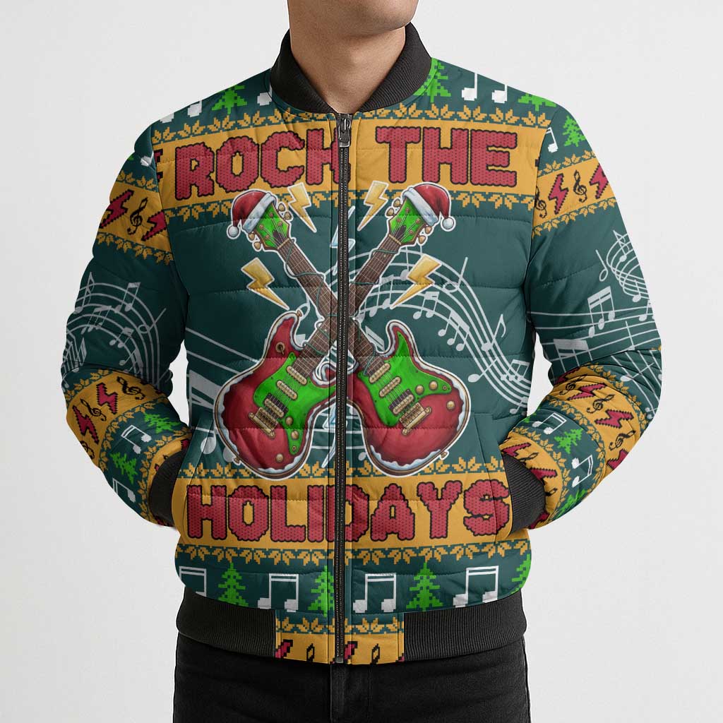Rock The Holidays Guitar Christmas Bomber Puffer Jacket Xmas Holiday Patterns - Wonder Print Shop