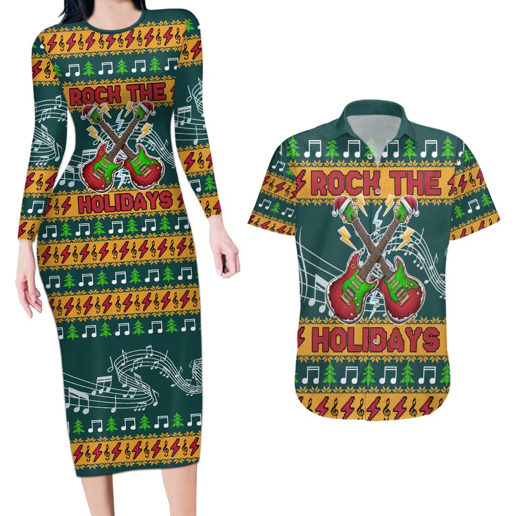 Rock The Holidays Guitar Christmas Couples Matching Long Sleeve Bodycon Dress and Hawaiian Shirt Xmas Holiday Patterns - Wonder Print Shop