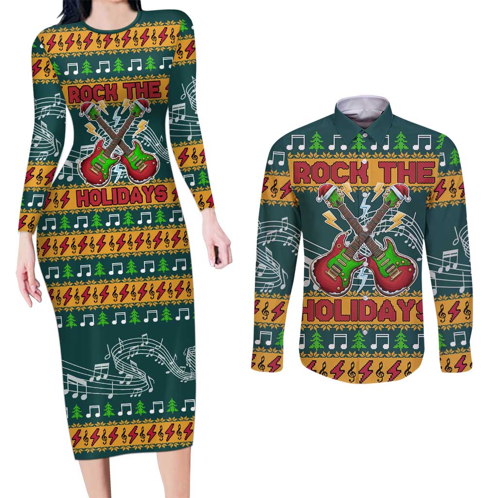 Rock The Holidays Guitar Christmas Couples Matching Long Sleeve Bodycon Dress and Long Sleeve Button Shirt Xmas Holiday Patterns - Wonder Print Shop