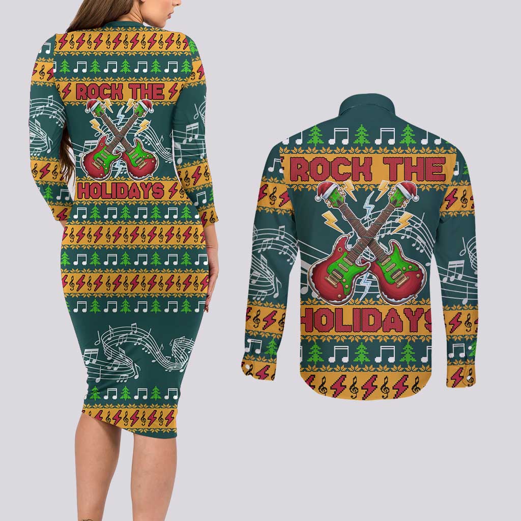 Rock The Holidays Guitar Christmas Couples Matching Long Sleeve Bodycon Dress and Long Sleeve Button Shirt Xmas Holiday Patterns - Wonder Print Shop
